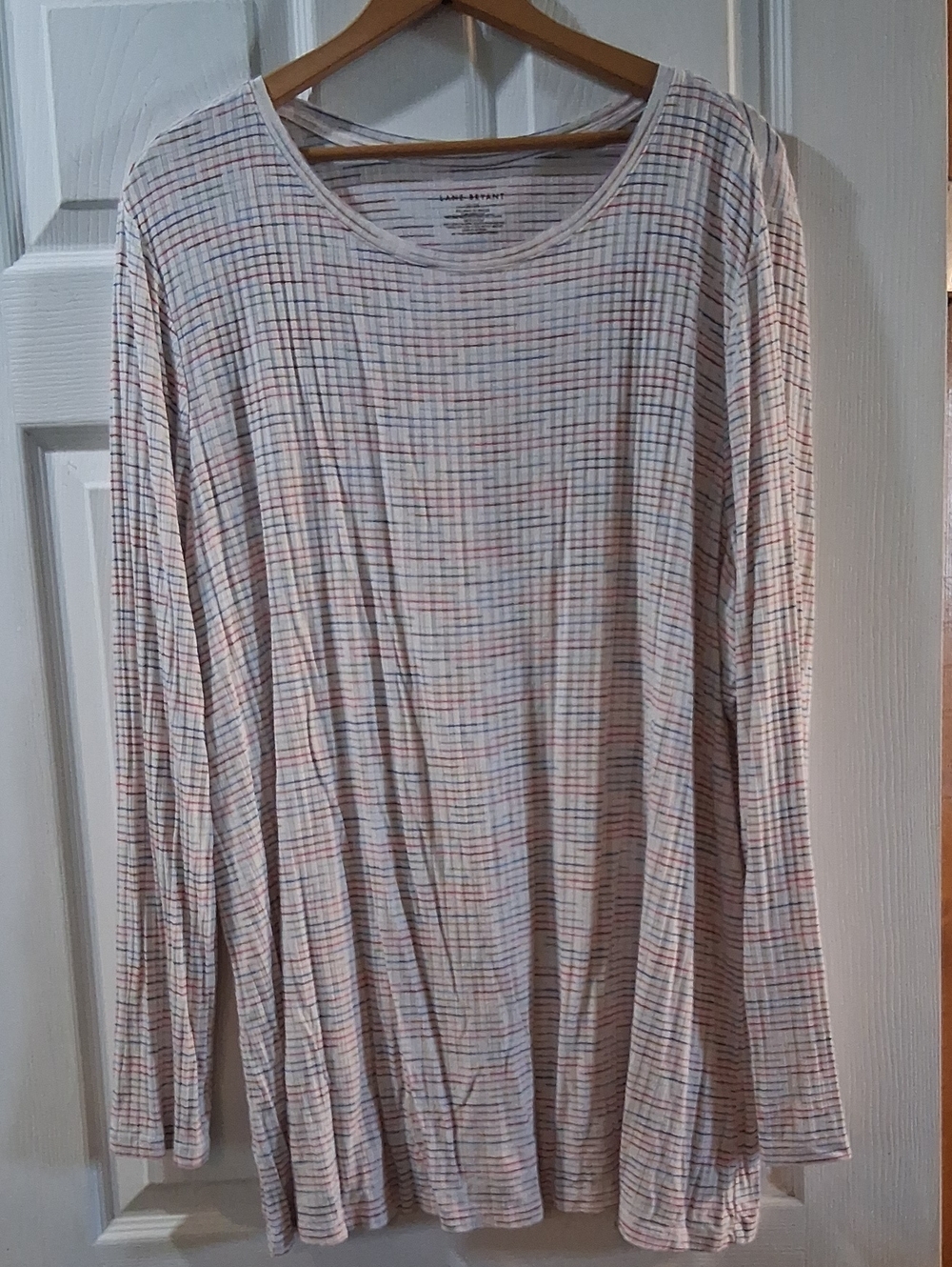 Lane Bryant Cream Multi-Color Ribbed Long-Sleeve Scoop Neck Stripe Tee